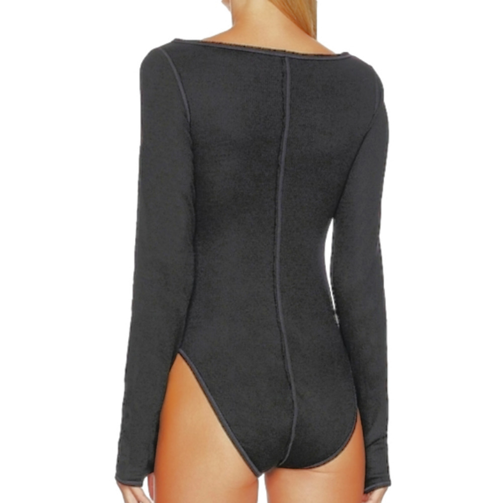 Free People SLOANE Bodysuit Black Top Long Sleeve Henley NEW! - Picture 3 of 6